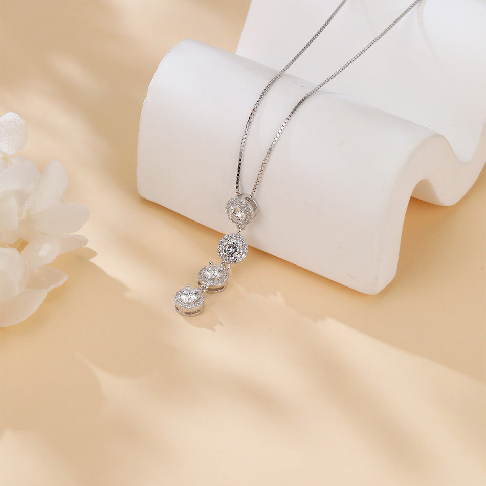 925 Sterling Silver Elegant Moissanite Cascade Necklace With Four Round Brilliant Cut Stones