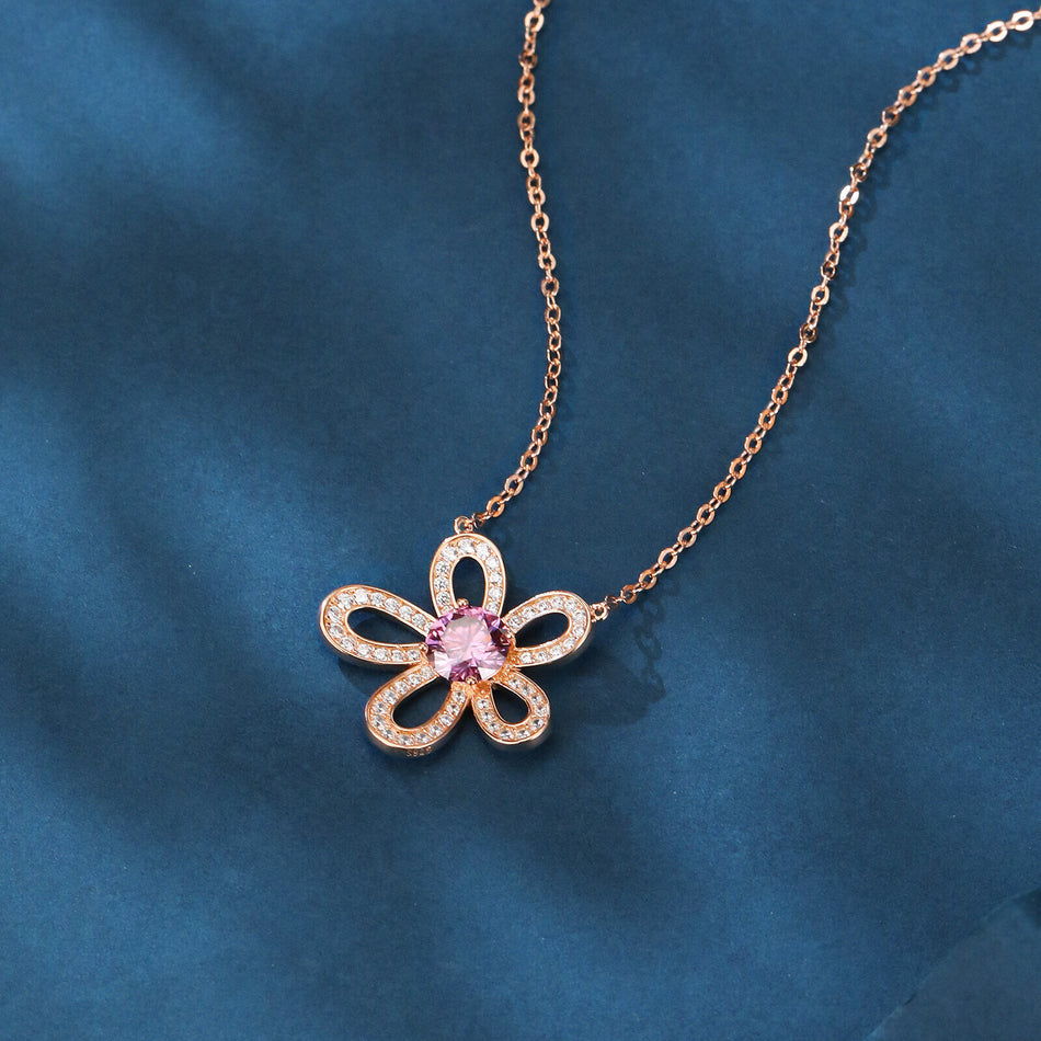 925 Sterling Silver Rose Plated With Gold Moissanite Flower Necklace With Pink Center Stone