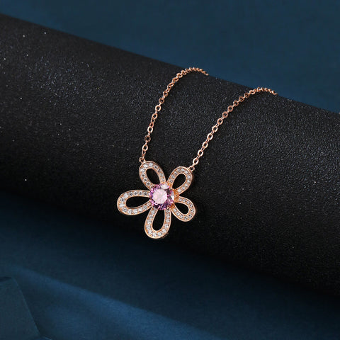 925 Sterling Silver Rose Plated With Gold Moissanite Flower Necklace With Pink Center Stone