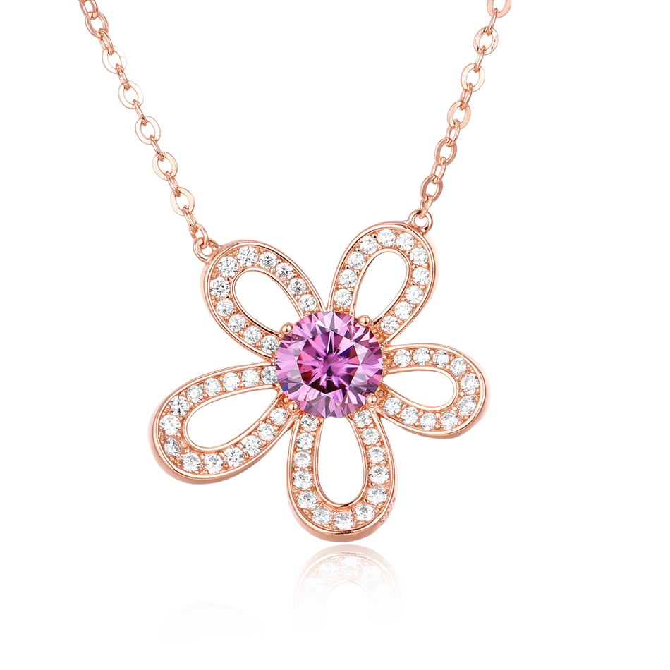 925 Sterling Silver Rose Plated With Gold Moissanite Flower Necklace With Pink Center Stone