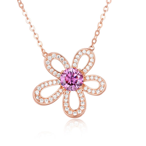925 Sterling Silver Rose Plated With Gold Moissanite Flower Necklace With Pink Center Stone