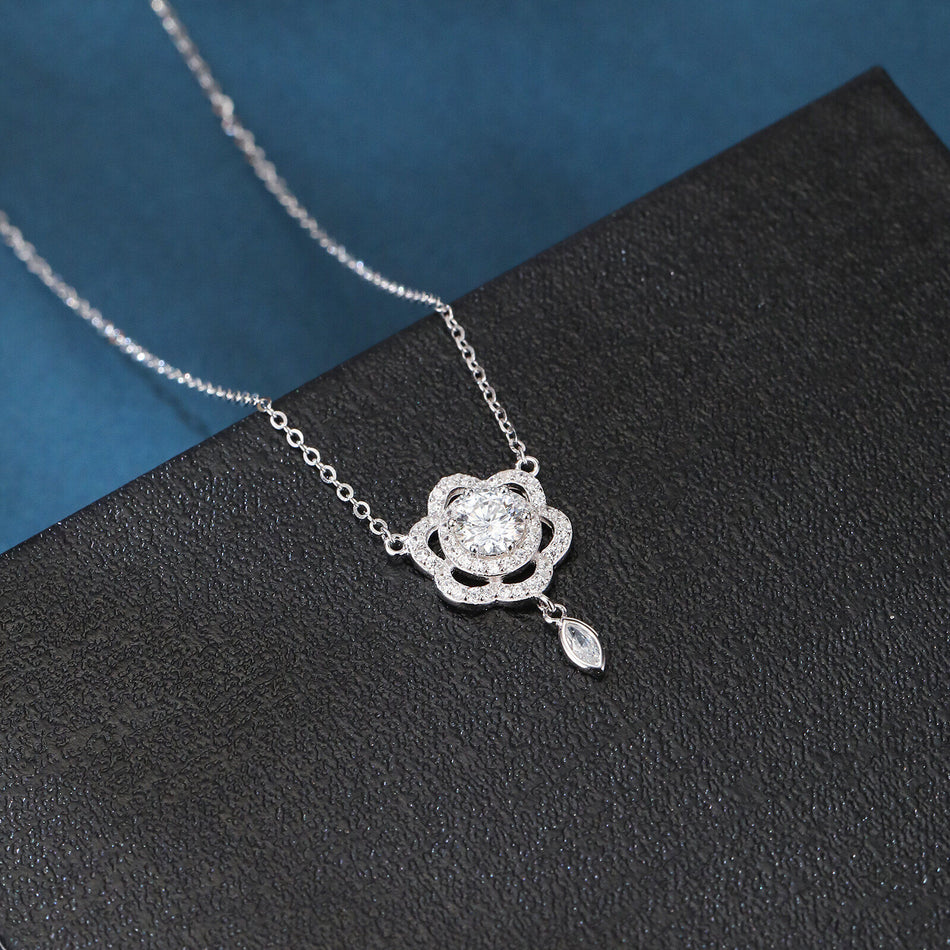 925 Sterling Silver Elegant Floral Moissanite Necklace With Sparkling Silver Chain And Teardrop Pendant