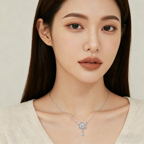 925 Sterling Silver Elegant Floral Moissanite Necklace With Sparkling Silver Chain And Teardrop Pendant