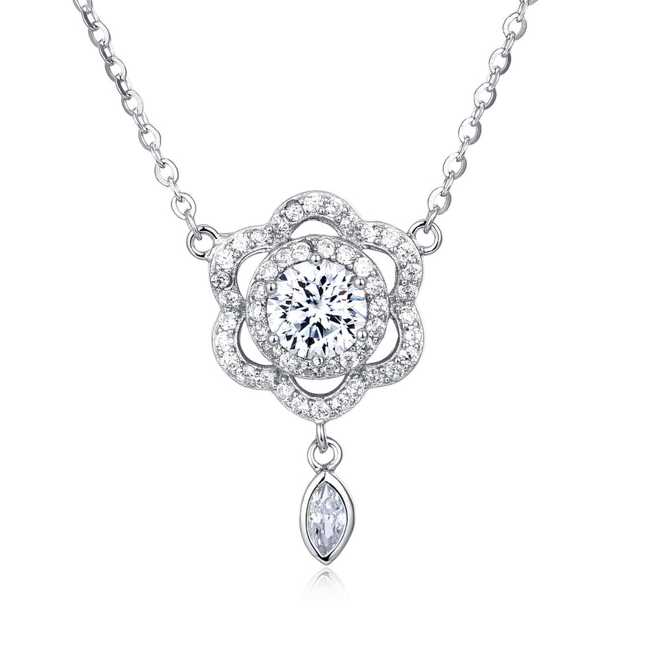 925 Sterling Silver Elegant Floral Moissanite Necklace With Sparkling Silver Chain And Teardrop Pendant