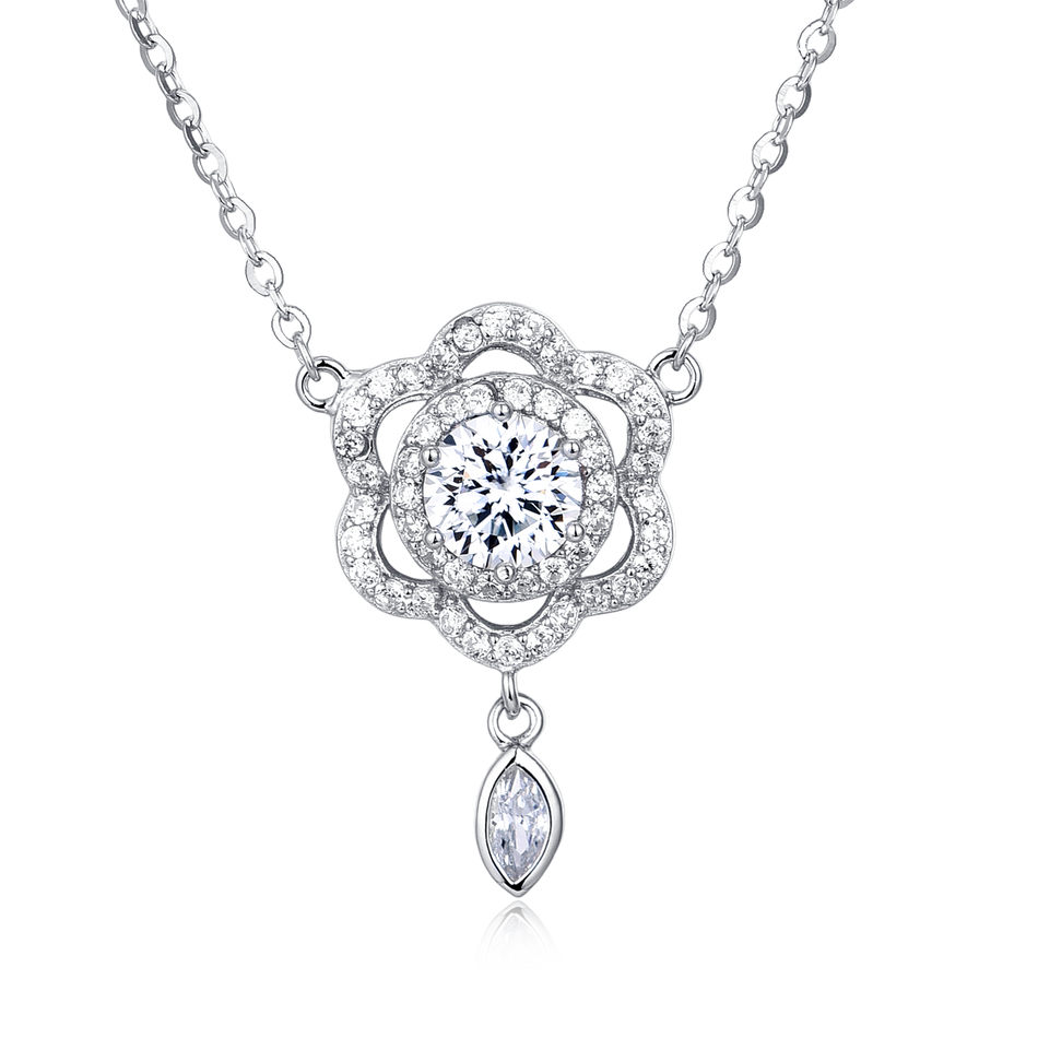 925 Sterling Silver Elegant Floral Moissanite Necklace With Sparkling Silver Chain And Teardrop Pendant
