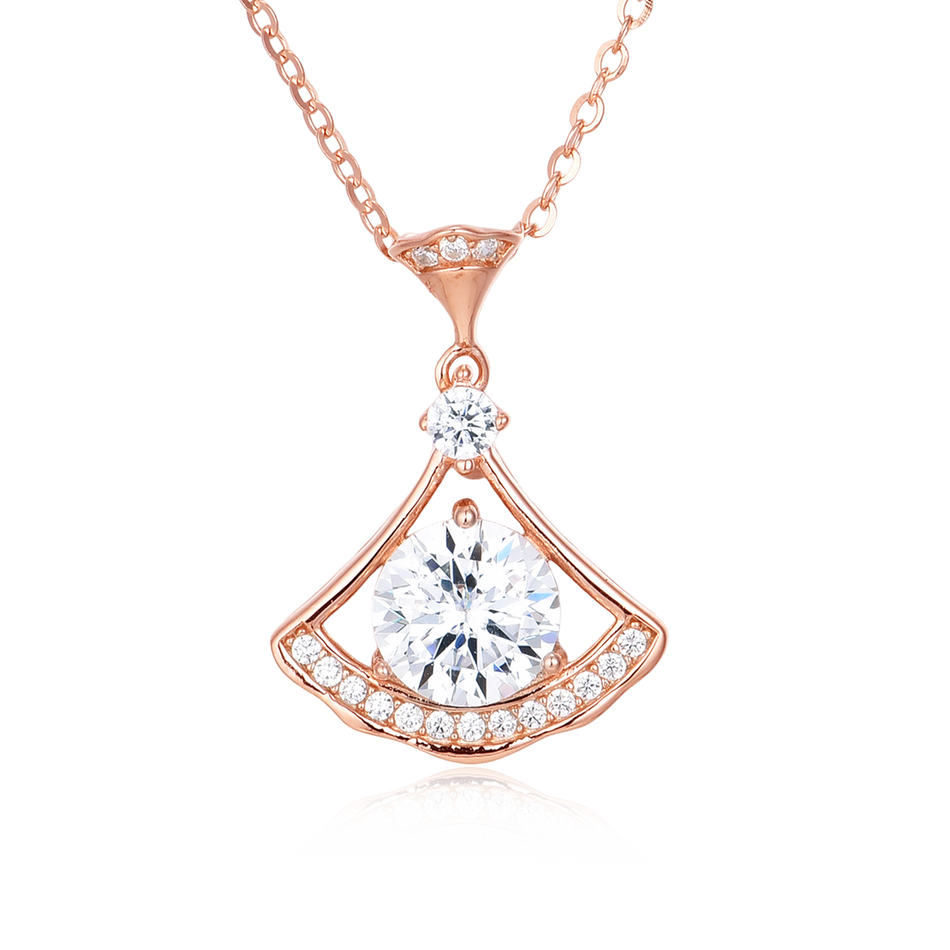 925 Sterling Silver Rose Plated With Gold Moissanite Fan Pendant Necklace: Timeless Elegance Meets Modern Design