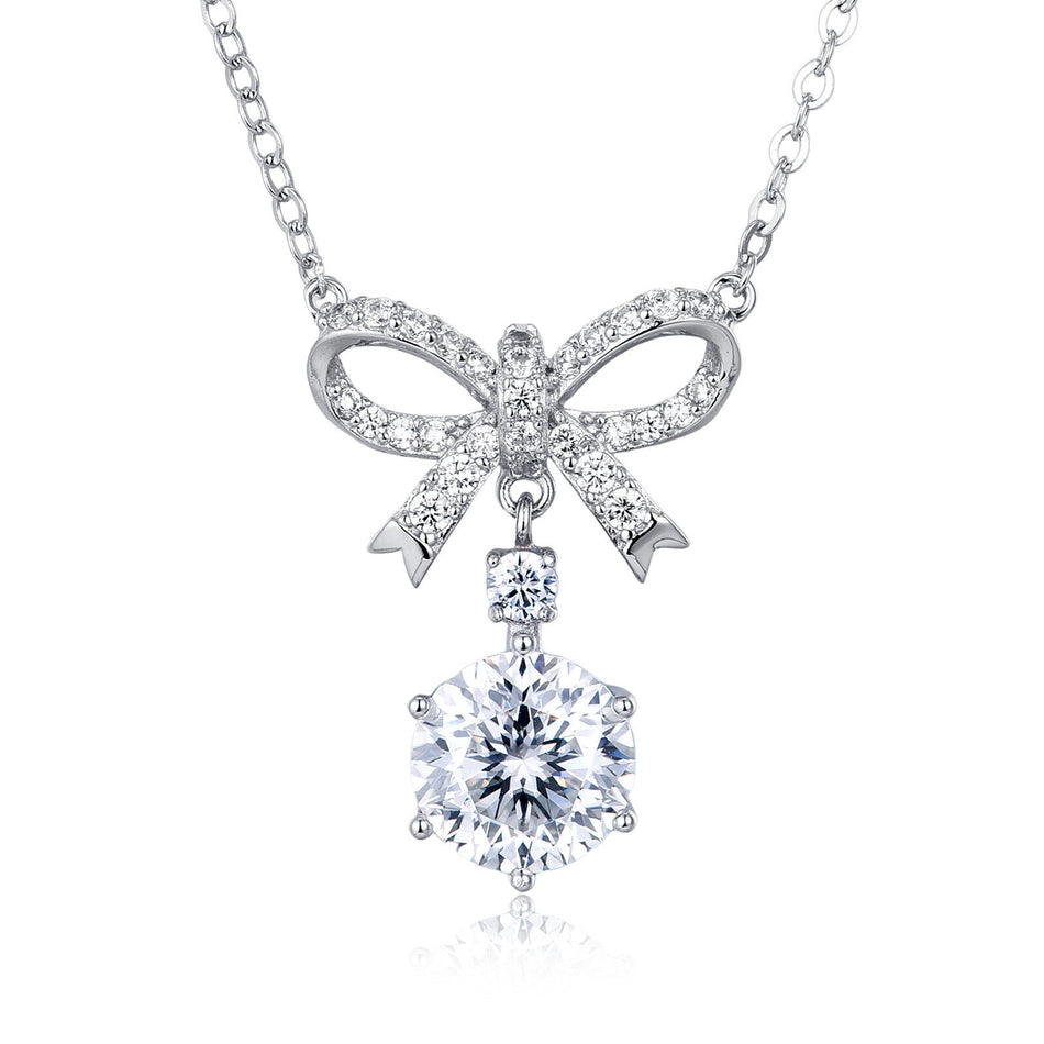 925 Sterling Silver Elegant Moissanite Bow Necklace With Triple Drop Design