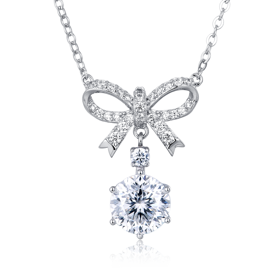 925 Sterling Silver Elegant Moissanite Bow Necklace With Triple Drop Design