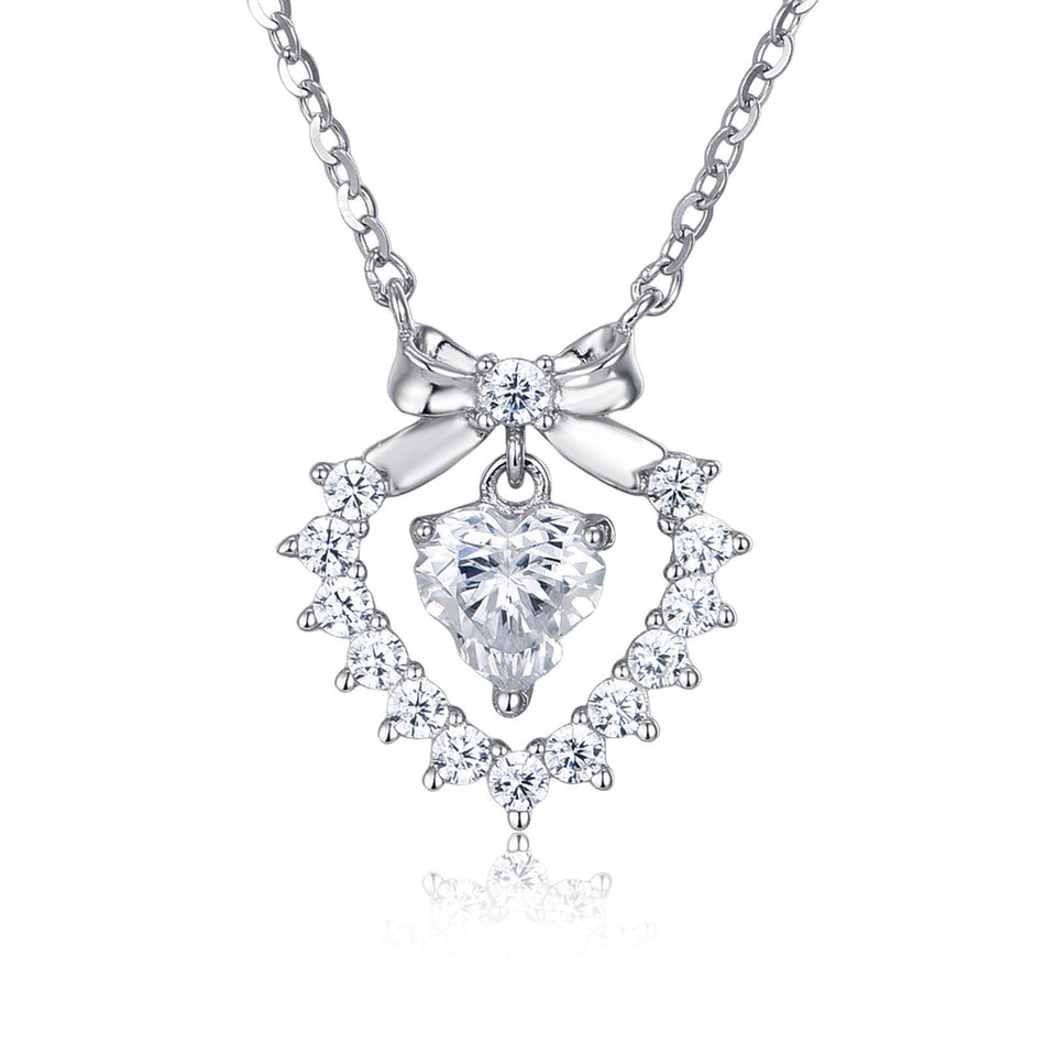 925 Sterling Silver Elegant Heart-shaped Moissanite Floral Pendant With Delicate Silver Chain Necklace