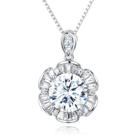 925 Sterling Silver Elegant Moissanite Pendant Necklace In Plated with White Gold With Halo Setting And Chain