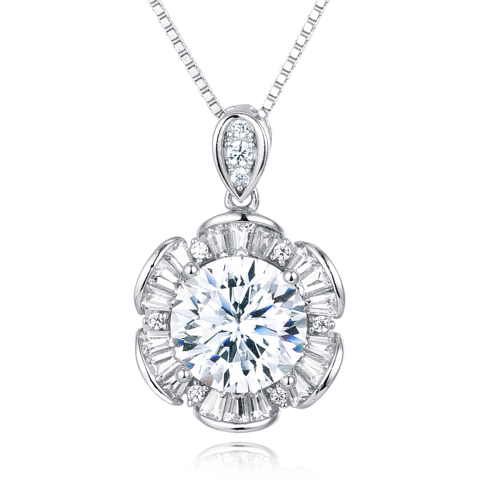 925 Sterling Silver Elegant Moissanite Pendant Necklace In Plated with White Gold With Halo Setting And Chain