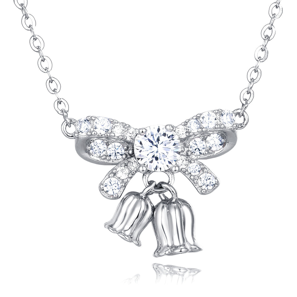 925 Sterling Silver Elegant Moissanite Bow Necklace With Triple Bell Charms
