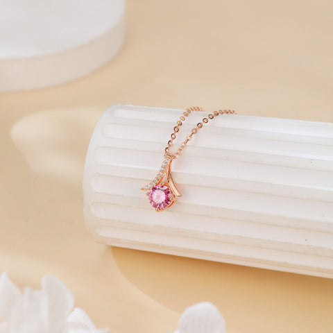 925 Sterling Silver Rose Plated With Gold Necklace With Pink Sapphire And Moissanite Accents
