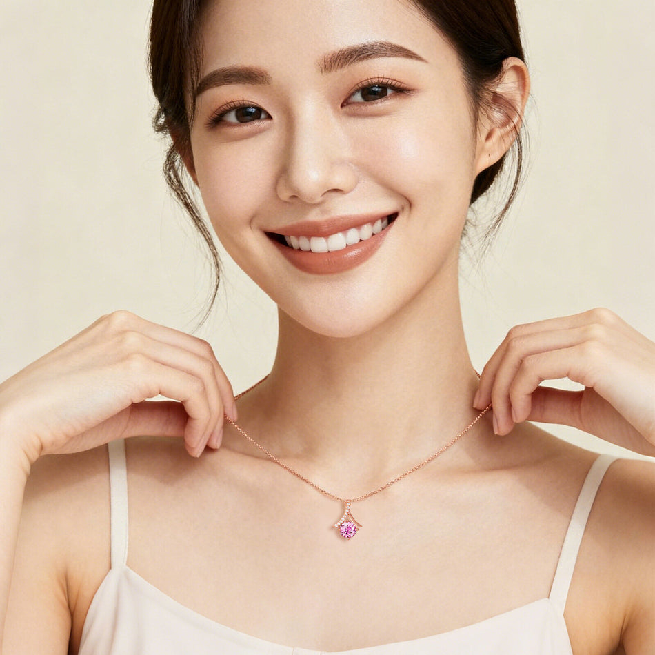 925 Sterling Silver Rose Plated With Gold Necklace With Pink Sapphire And Moissanite Accents