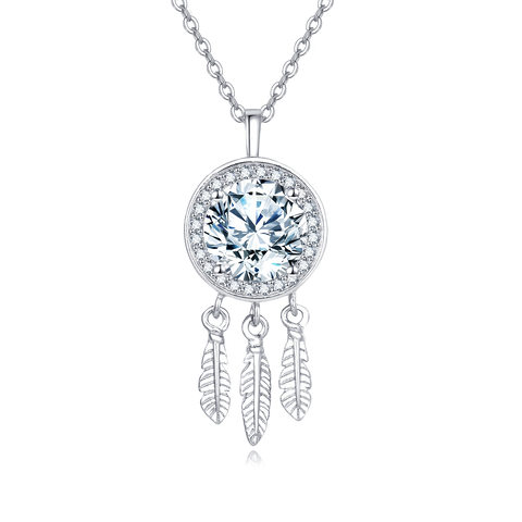 925 Sterling Silver Elegant Moissanite Feather Charm Necklace In Sterling Silver