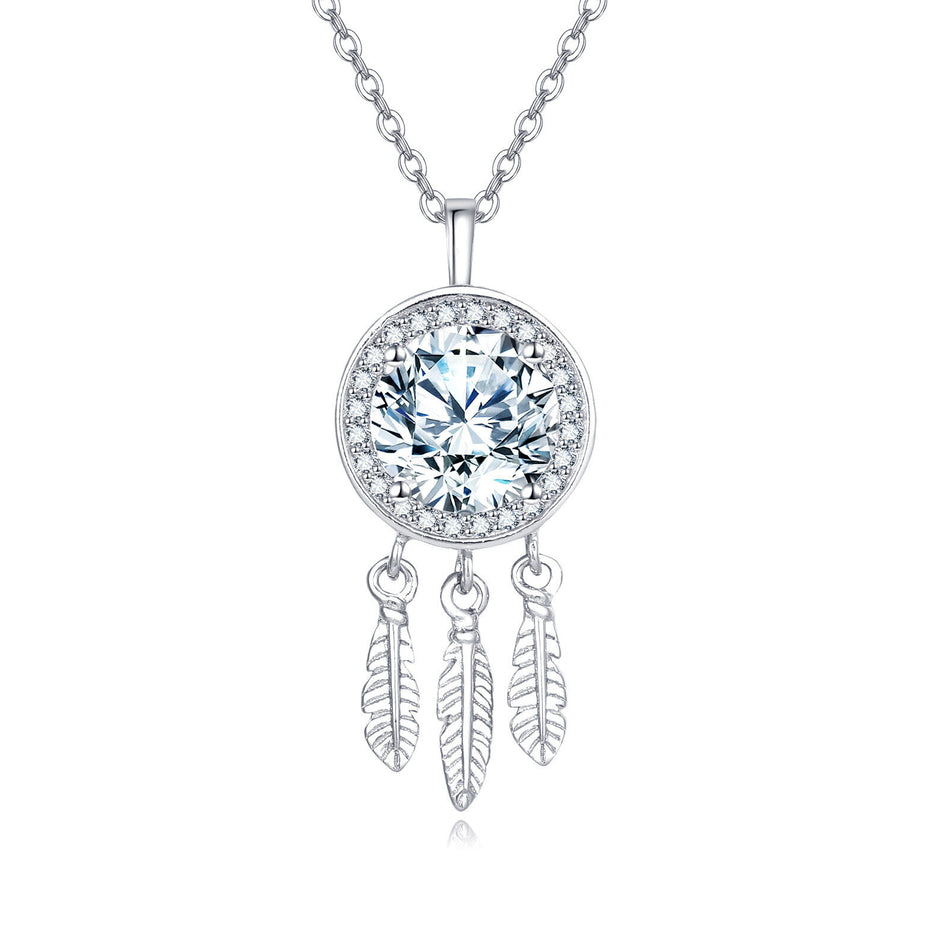 925 Sterling Silver Elegant Moissanite Feather Charm Necklace In Sterling Silver