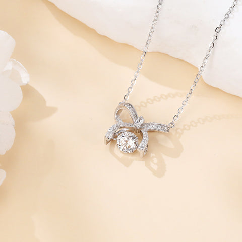 925 Sterling Silver Elegant Silver Bow Charm Necklace With Sparkling Moissanites