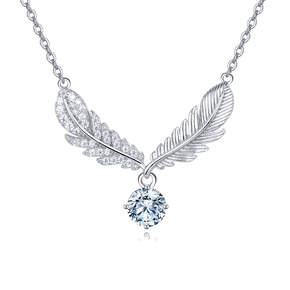 925 Sterling Silver Elegant Moissanite Feather Pendant Necklace
