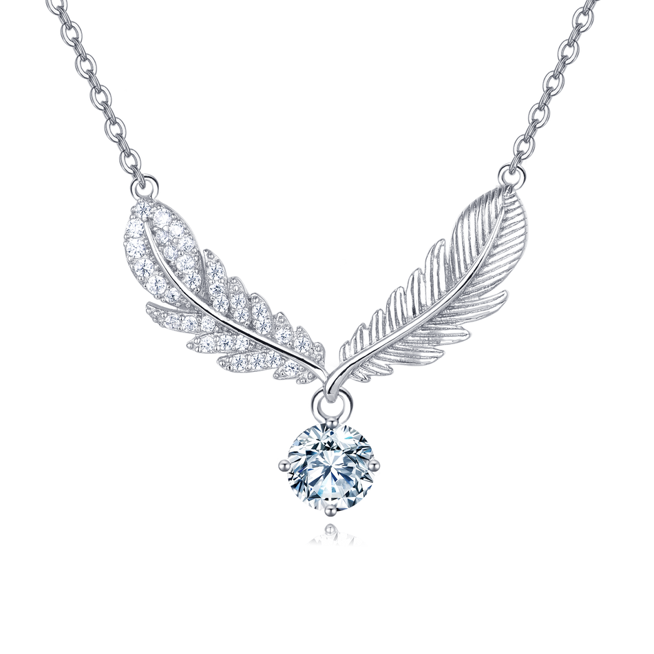925 Sterling Silver Elegant Moissanite Feather Pendant Necklace
