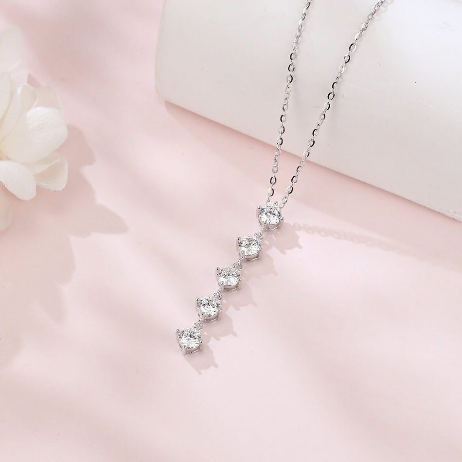 925 Sterling Silver Elegant Five-moissanite Vertical Pendant Necklace