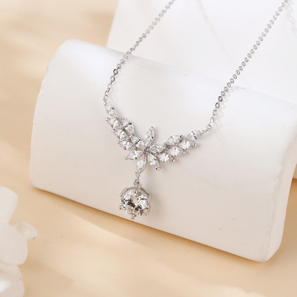 925 Sterling Silver Elegant Floral Moissanite Necklace With Marquise-cut Petals And Round Pendant Drop