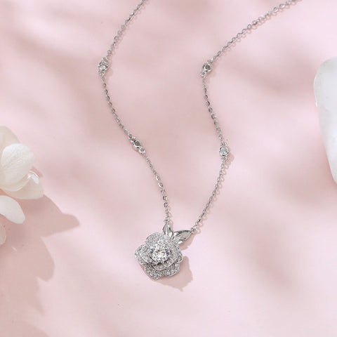 925 Sterling Silver Moissanite Rose Flower Pendant Necklace