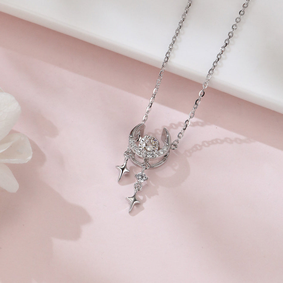 925 Sterling Silver Eternal Moonlight Moissanite-studded Crescent Necklace With Stellar Charms In Plated with White Gold