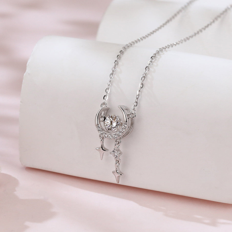 925 Sterling Silver Eternal Moonlight Moissanite-studded Crescent Necklace With Stellar Charms In Plated with White Gold