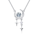 925 Sterling Silver Eternal Moonlight Moissanite-studded Crescent Necklace With Stellar Charms In Plated with White Gold
