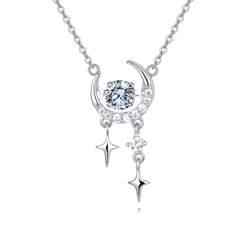 925 Sterling Silver Eternal Moonlight Moissanite-studded Crescent Necklace With Stellar Charms In Plated with White Gold