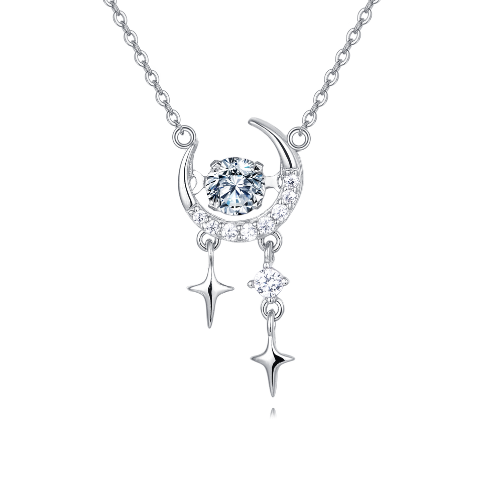 925 Sterling Silver Eternal Moonlight Moissanite-studded Crescent Necklace With Stellar Charms In Plated with White Gold