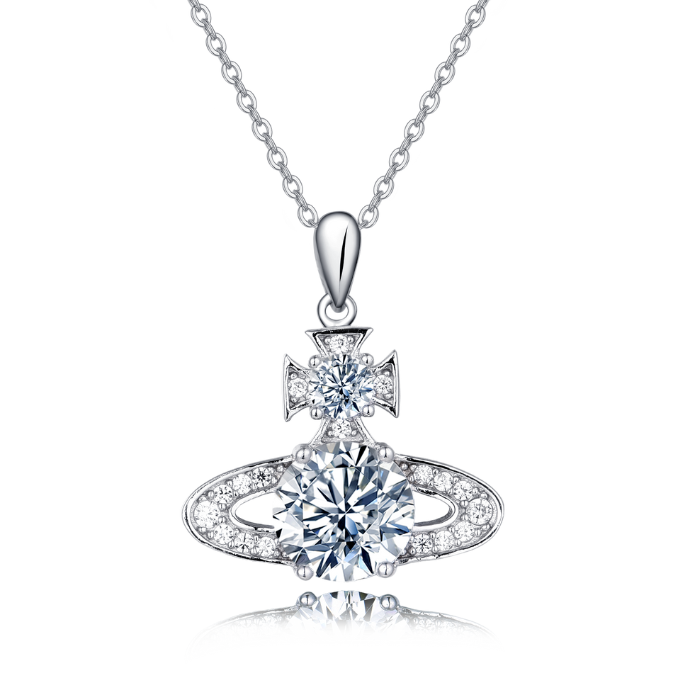 925 Sterling Silver Elegant Moissanite Cross Pendant With Plated with White Gold Necklace