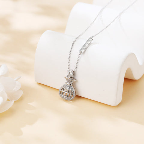 925 Sterling Silver Moissanite-encrusted Money Bag Pendant Necklace With Abacus Charm Symbolizing Wealth Prosperity