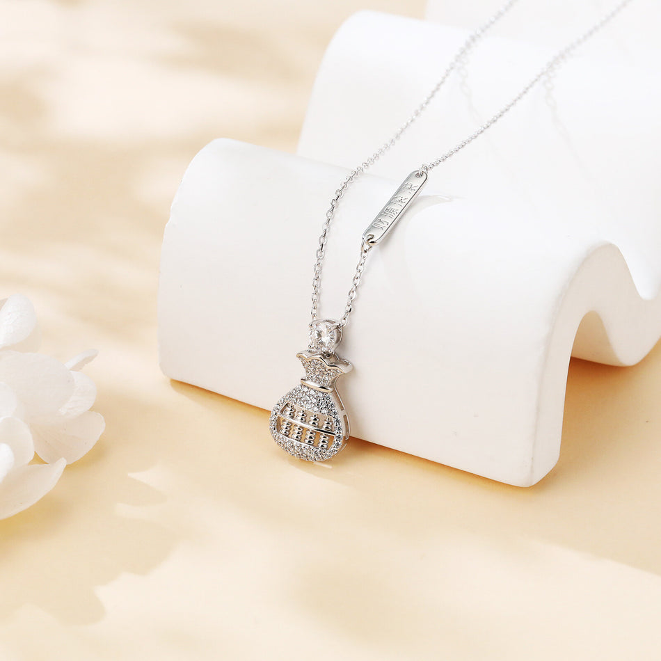 925 Sterling Silver Moissanite-encrusted Money Bag Pendant Necklace With Abacus Charm Symbolizing Wealth Prosperity
