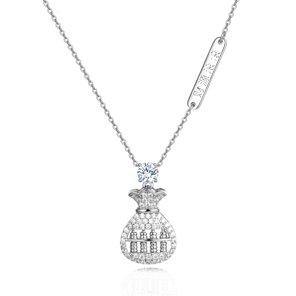 925 Sterling Silver Moissanite-encrusted Money Bag Pendant Necklace With Abacus Charm Symbolizing Wealth Prosperity