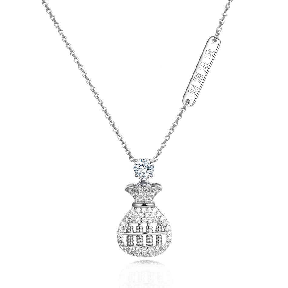 925 Sterling Silver Moissanite-encrusted Money Bag Pendant Necklace With Abacus Charm Symbolizing Wealth Prosperity