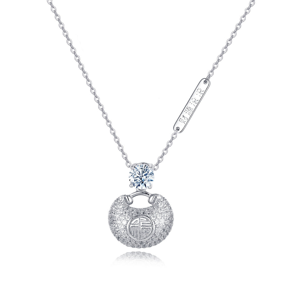 925 Sterling Silver Elegant Moissanite-encrusted Silver Pendant Necklace With Traditional Motif