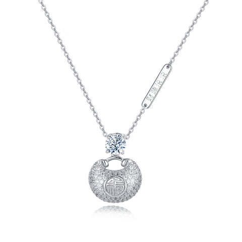 925 Sterling Silver Elegant Moissanite-encrusted Silver Pendant Necklace With Traditional Motif