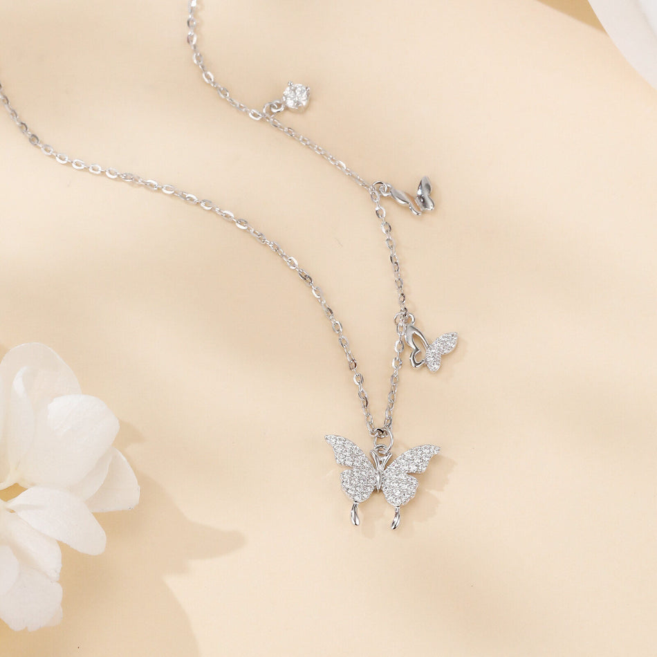 925 Sterling Silver Elegant Moissanite Butterfly Necklace With Triple Charm Design
