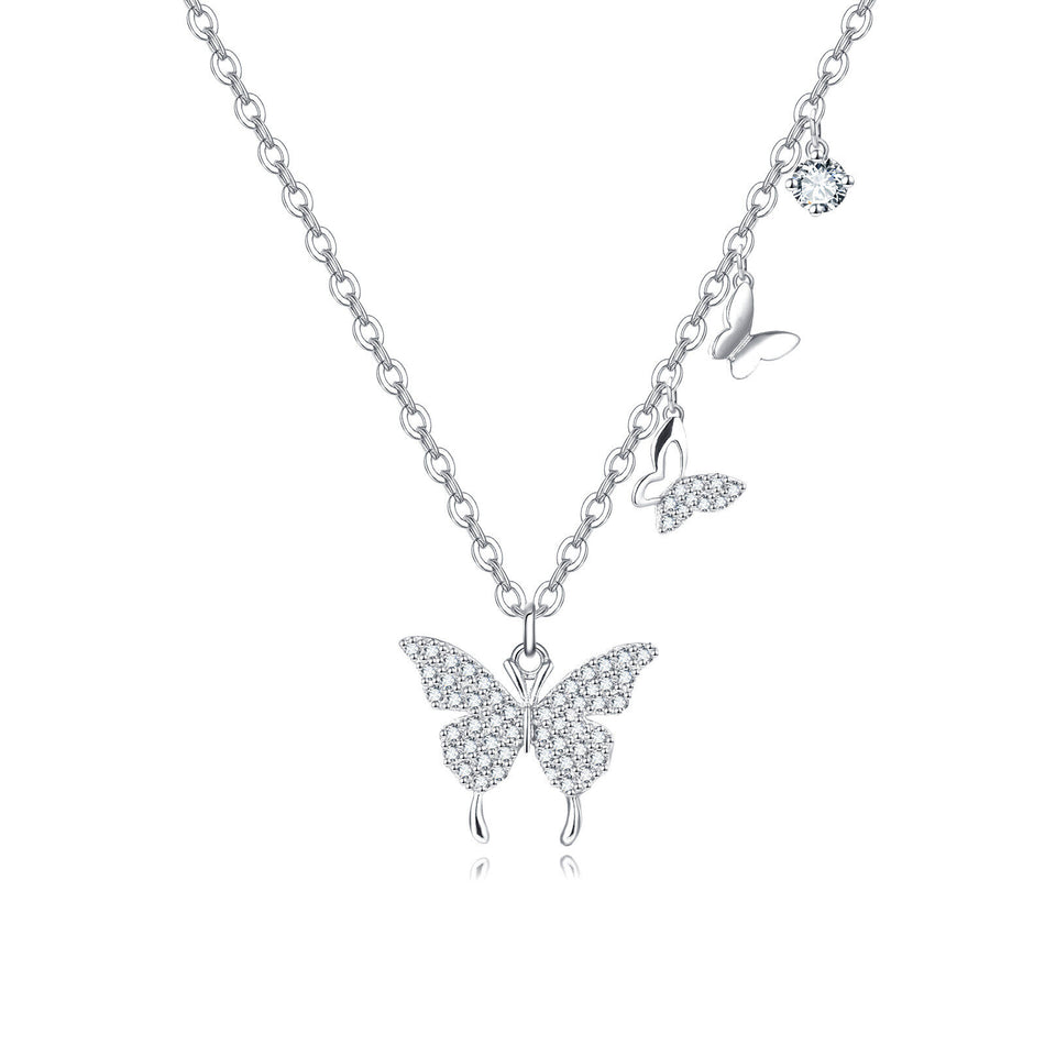 925 Sterling Silver Elegant Moissanite Butterfly Necklace With Triple Charm Design