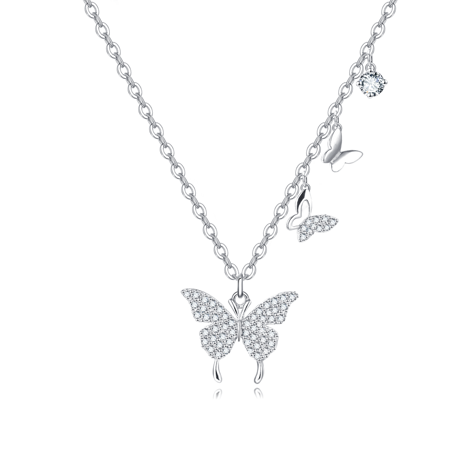925 Sterling Silver Elegant Moissanite Butterfly Necklace With Triple Charm Design