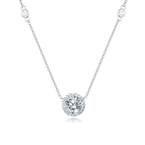 925 Sterling Silver Elegant Solitaire Moissanite Necklace With Halo Accent