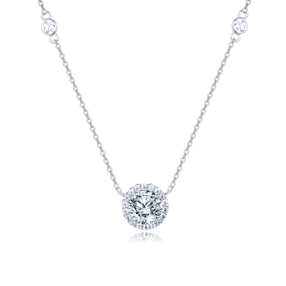 925 Sterling Silver Elegant Solitaire Moissanite Necklace With Halo Accent