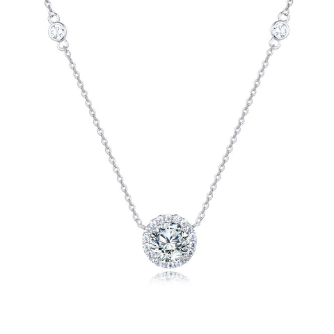 925 Sterling Silver Elegant Solitaire Moissanite Necklace With Halo Accent