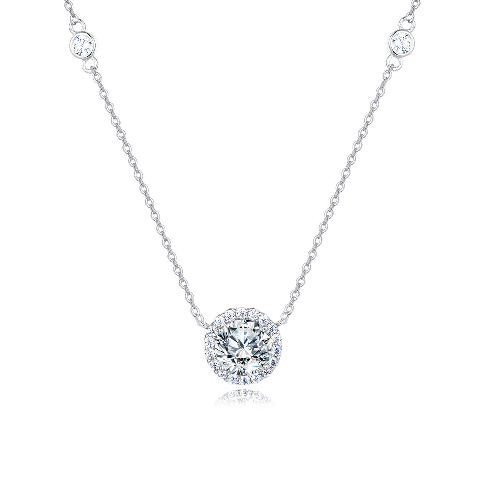 925 Sterling Silver Elegant Solitaire Moissanite Necklace With Halo Accent