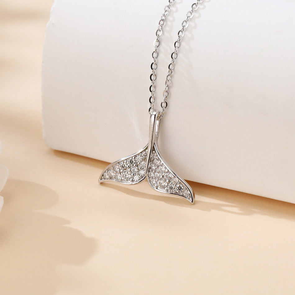 925 Sterling Silver Elegant Whale Tail Moissanite Pendant Necklace: Delicate Maritime Charm