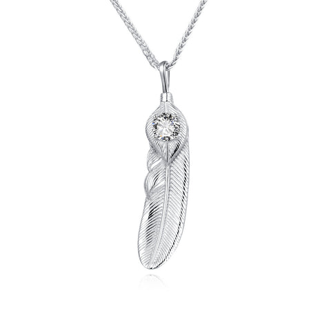 925 Sterling Silver Elegant Silver Feather Pendant Necklace With Sparkling Zircon Accent