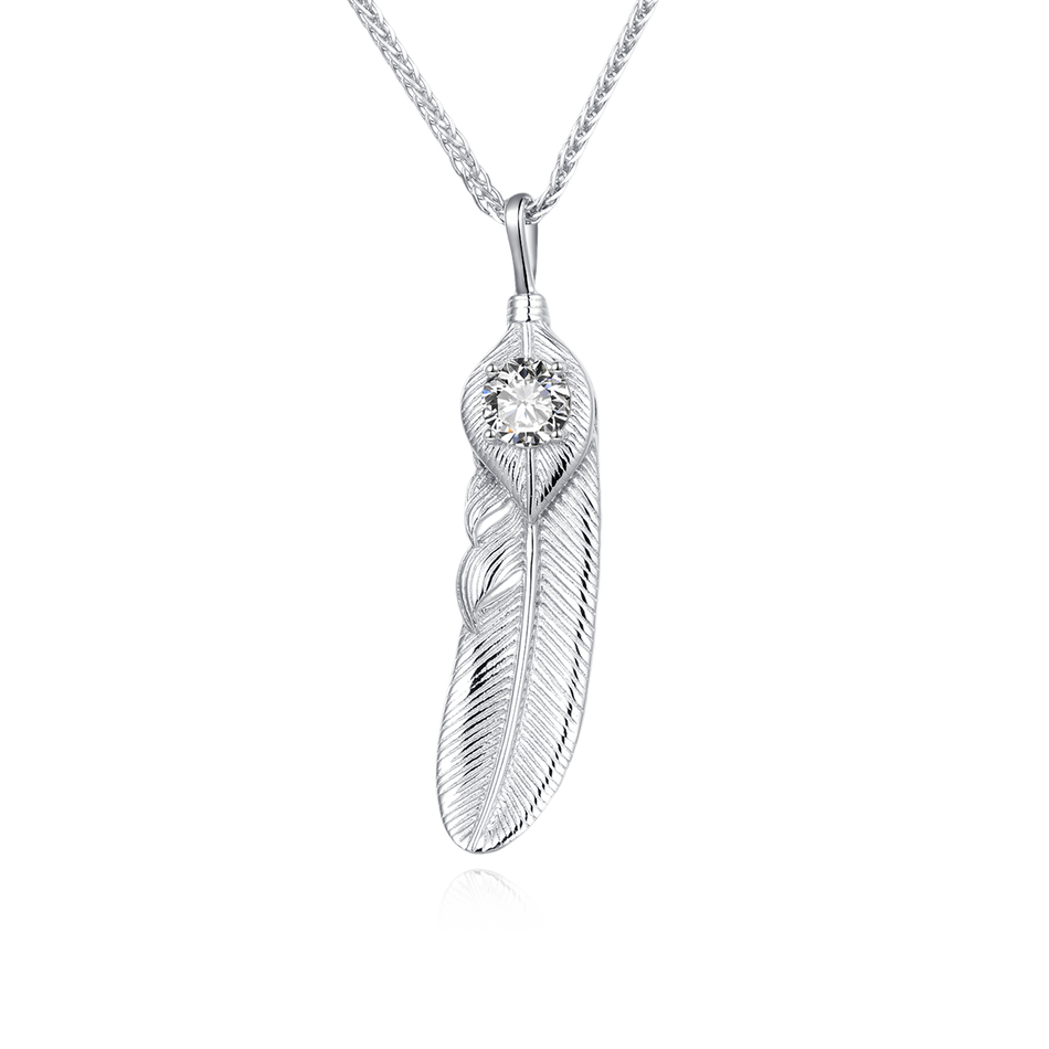 925 Sterling Silver Elegant Silver Feather Pendant Necklace With Sparkling Zircon Accent