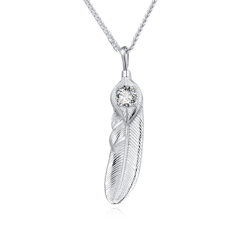 925 Sterling Silver Elegant Silver Feather Pendant Necklace With Sparkling Zircon Accent