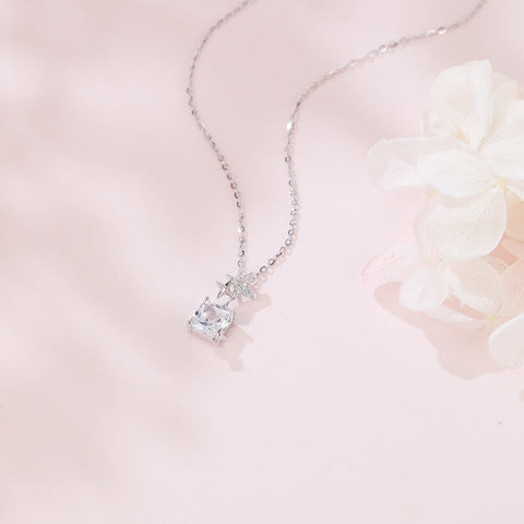 925 Sterling Silver stellar Radiance Zircon Necklace With Square Pendant Charm